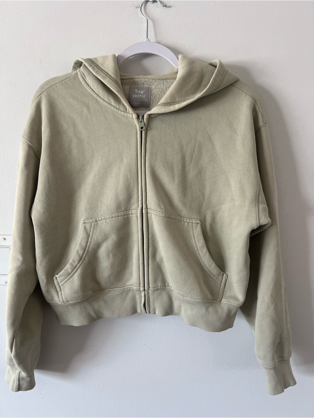 TNA Cozy AF Fleece Full-Zip Crop Hoodie in Light Sage Women’s XS Oversized